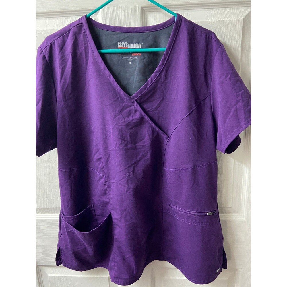 Greys Anatomy Scrubs Top Womens XL Purple V Neck Zippered Pocket Short Sleeved